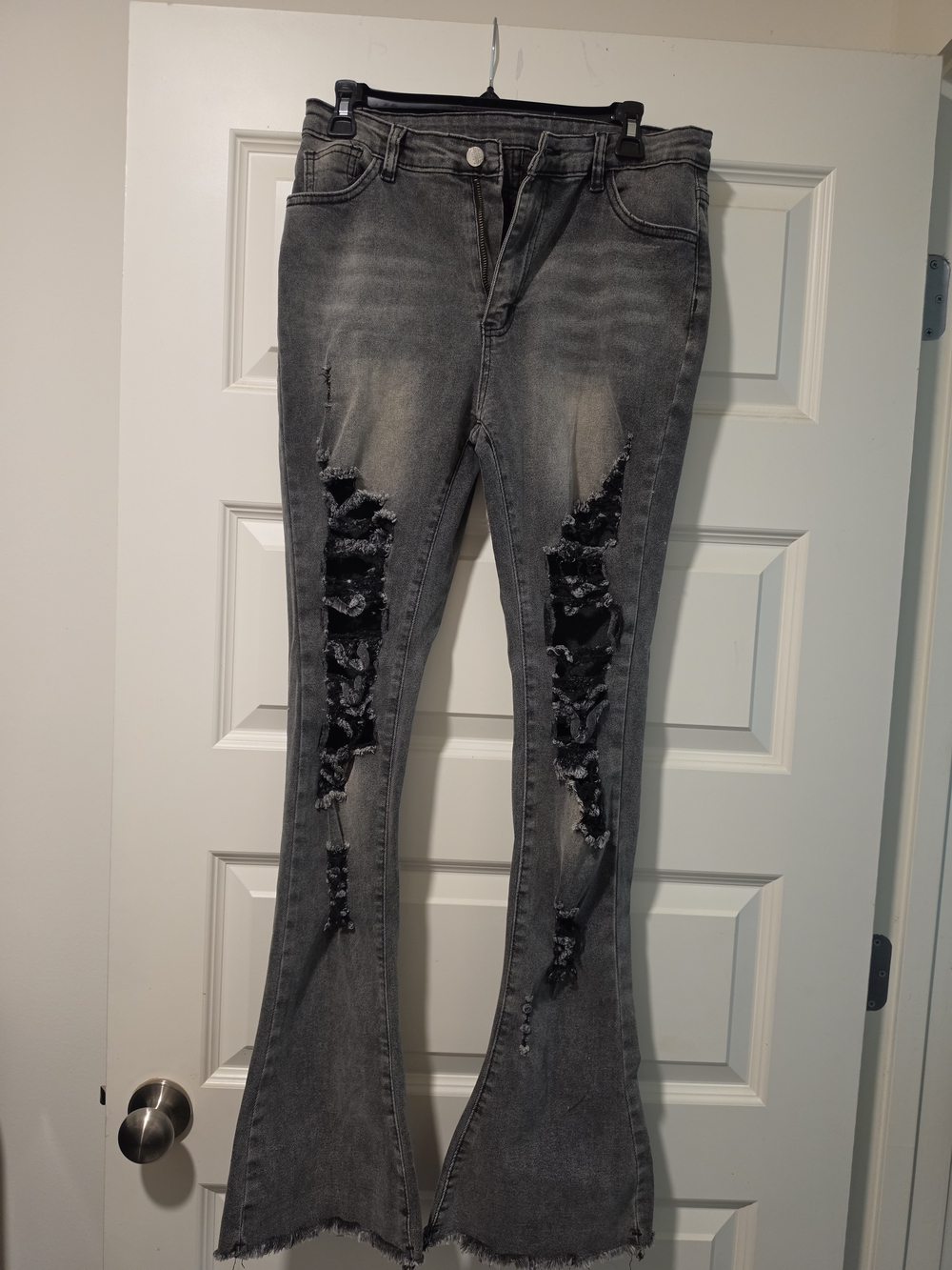SHEIN Grey Distressed Flare Jeans with Ripped Paneling